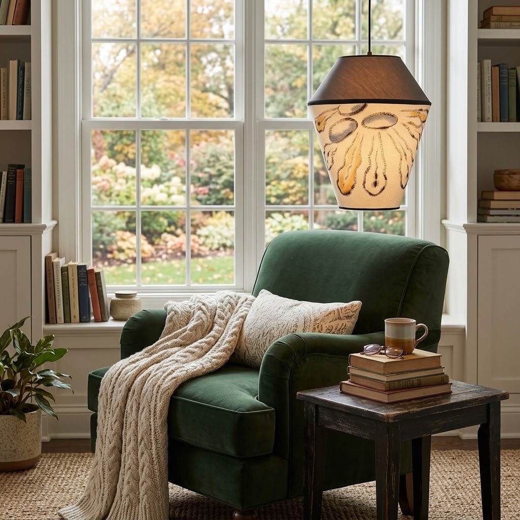 Modern Organic Two-Tone Fabric Pendant Light – Printed & Solid Shade