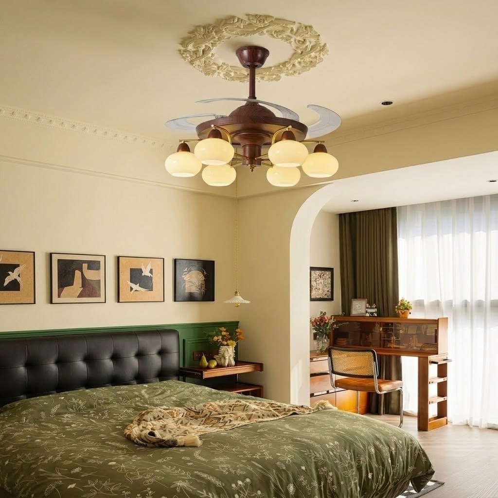 Mid-Century Walnut Retractable Ceiling Fan with Lights for Living Room