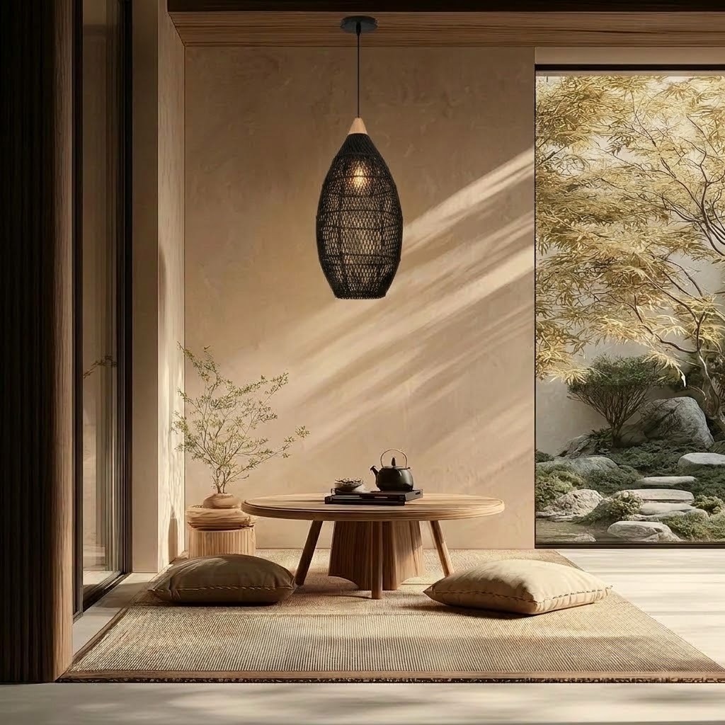 Wicker Rattan Pendant Light, Teardrop Hanging Light for Dining Room & Living Room