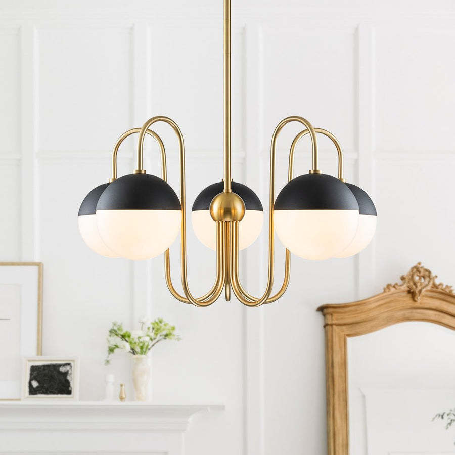 Mid-century 5 light Black White Globe Chandelier-labpiecesign
