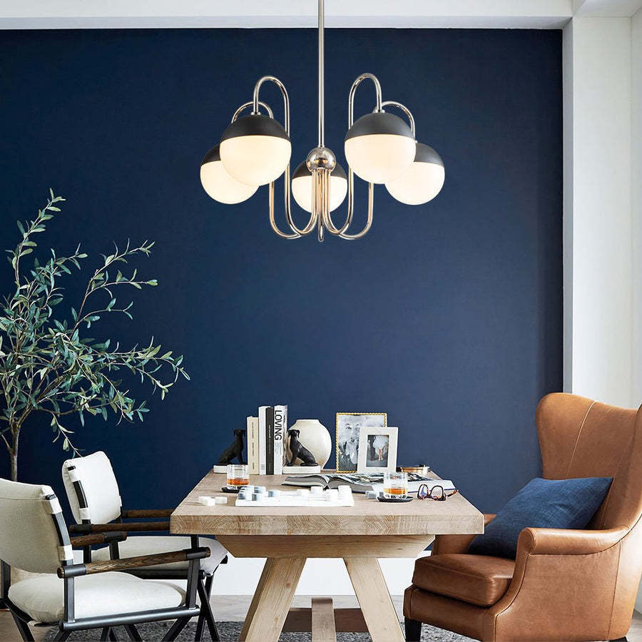 Mid-century 5 light Black White Globe Chandelier-labpiecesign