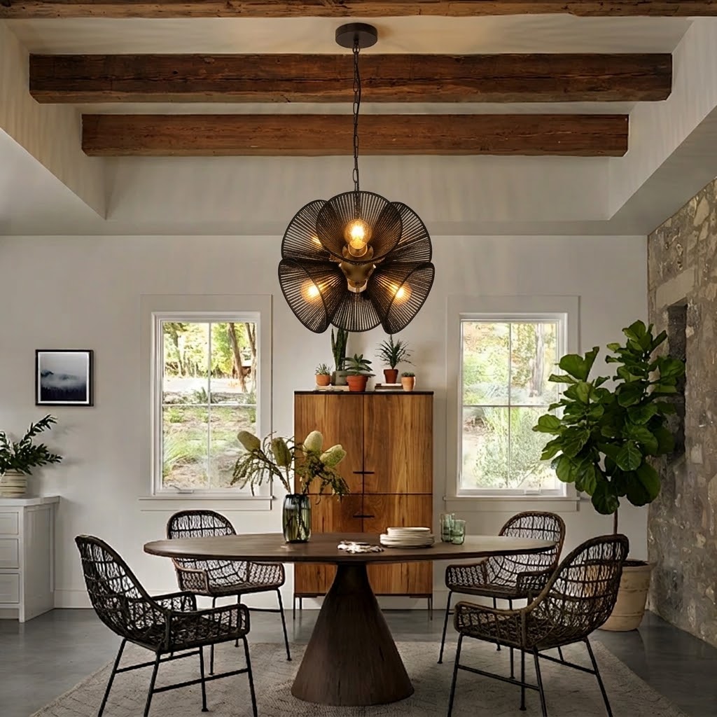 Boho Woven Rattan Flower Pendant Light for Dining Room & Kitchen Island