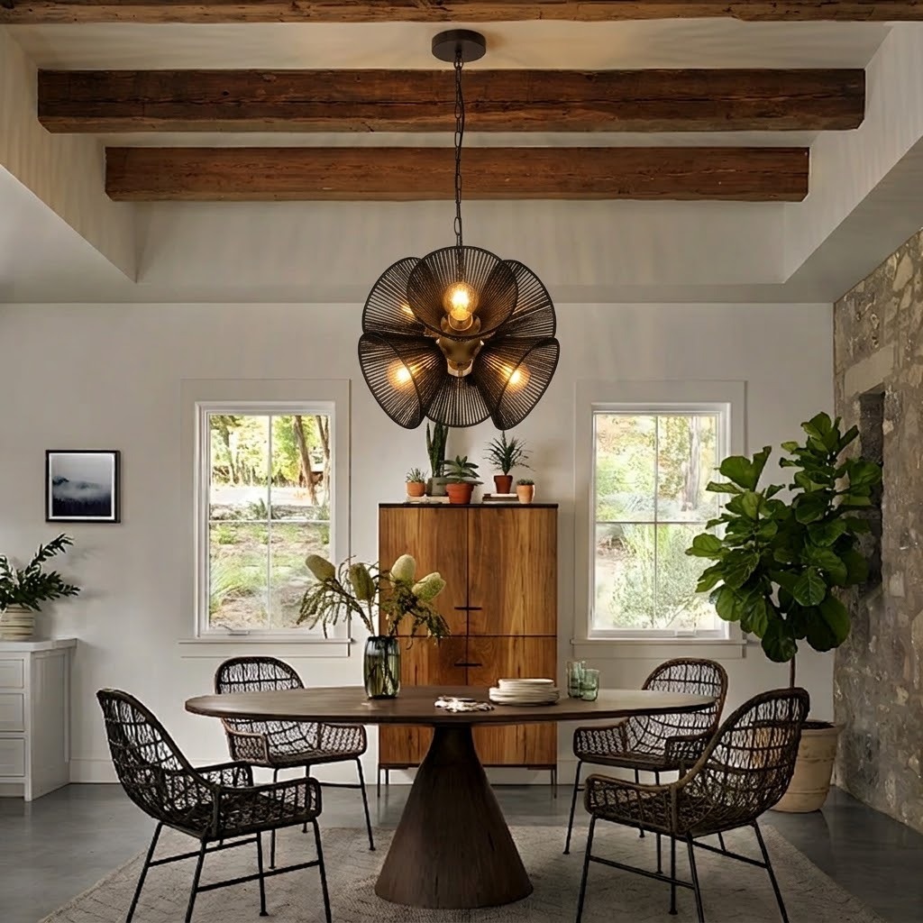 Boho Woven Rattan Flower Pendant Light for Dining Room & Kitchen Island