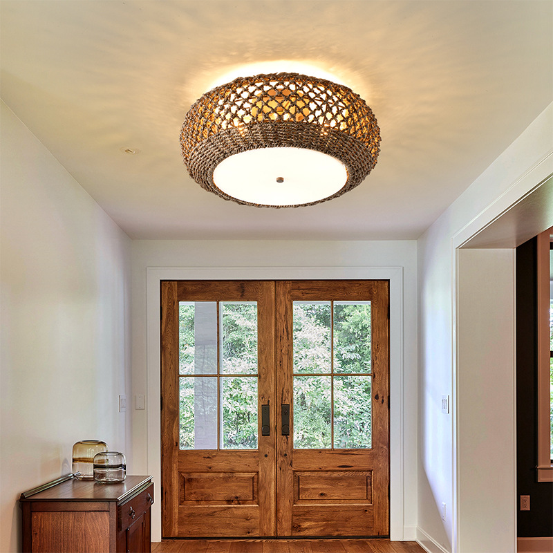 Wabi-Sabi Style Japanese Ceiling Light Rustic Rattan Corridor Aisle Light Vintage Wood Entrance Hallway Balcony Cloakroom Lighting