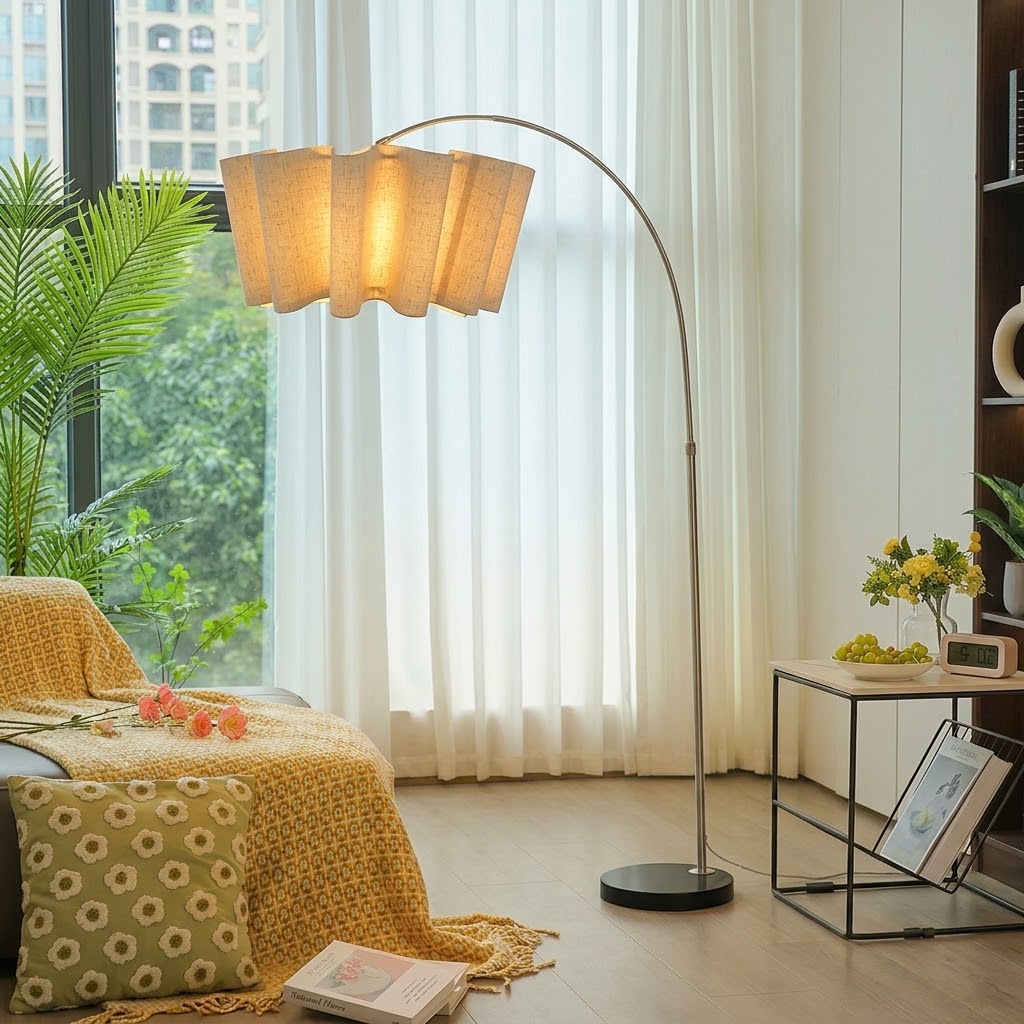 Modern Wavy Pleated Arc Floor Lamp for Living Room & Bedroom