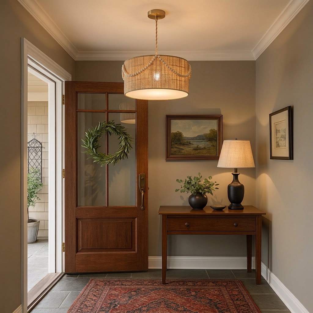 Boho Woven Jute Pendant Light with Wood Bead Garland - Coastal Drum Chandelier