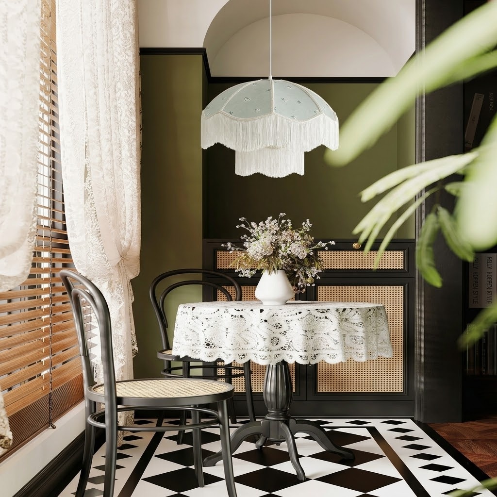 Vintage Floral Fabric Pendant Light with Layered Fringe