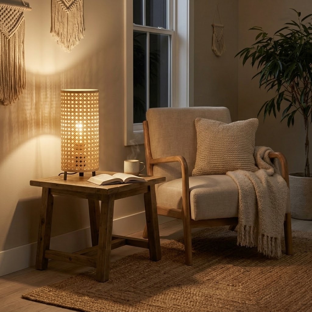Woven Rattan Table Lamp with Black Metal Base for Bedroom and Living Room