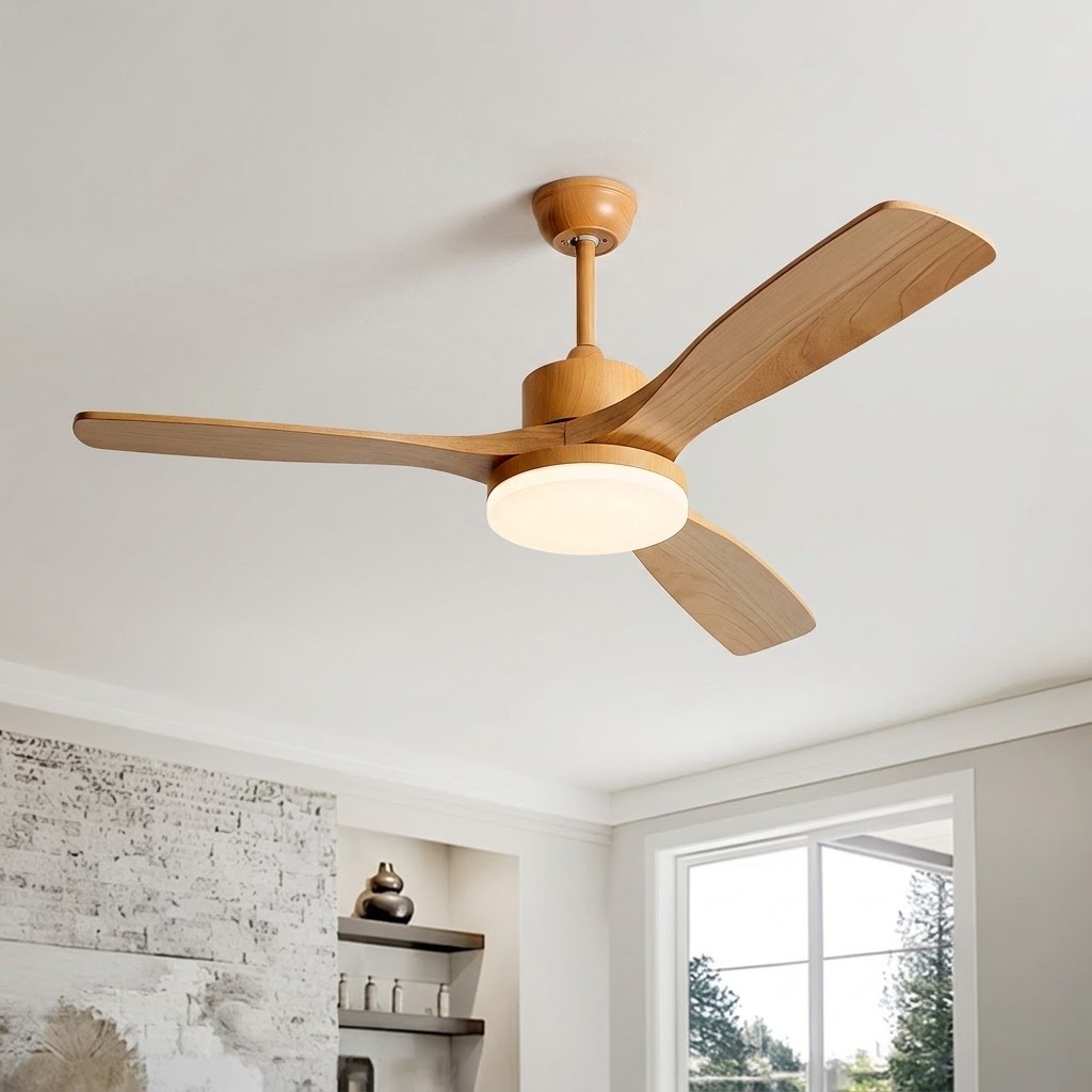 Modern Natural Wood Ceiling Fan Light with LED for Living Room