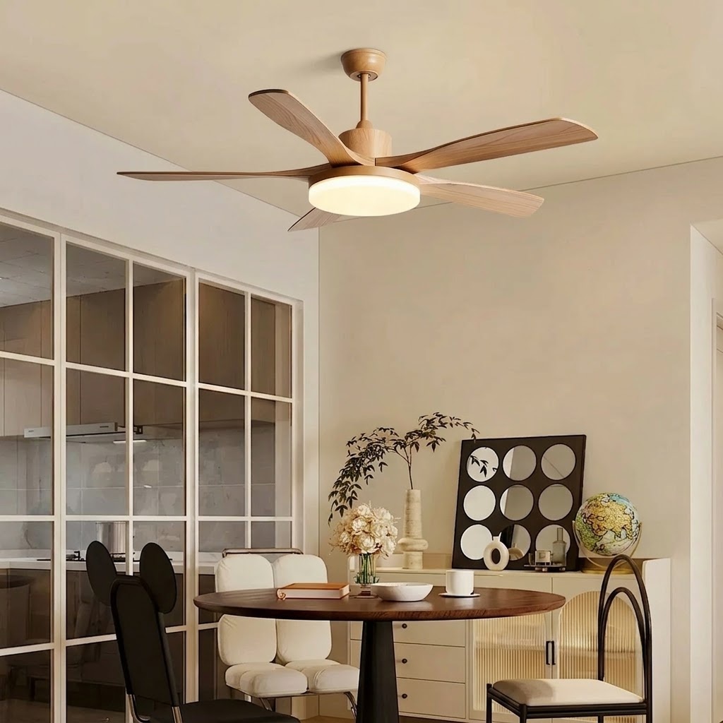 Modern Natural Wood Ceiling Fan Light with LED for Living Room