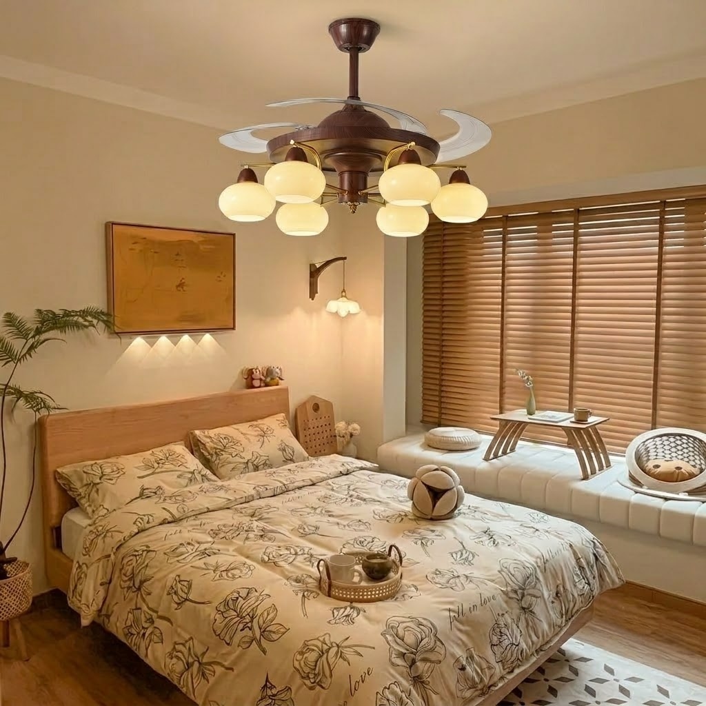 Mid-Century Walnut Retractable Ceiling Fan with Lights for Living Room