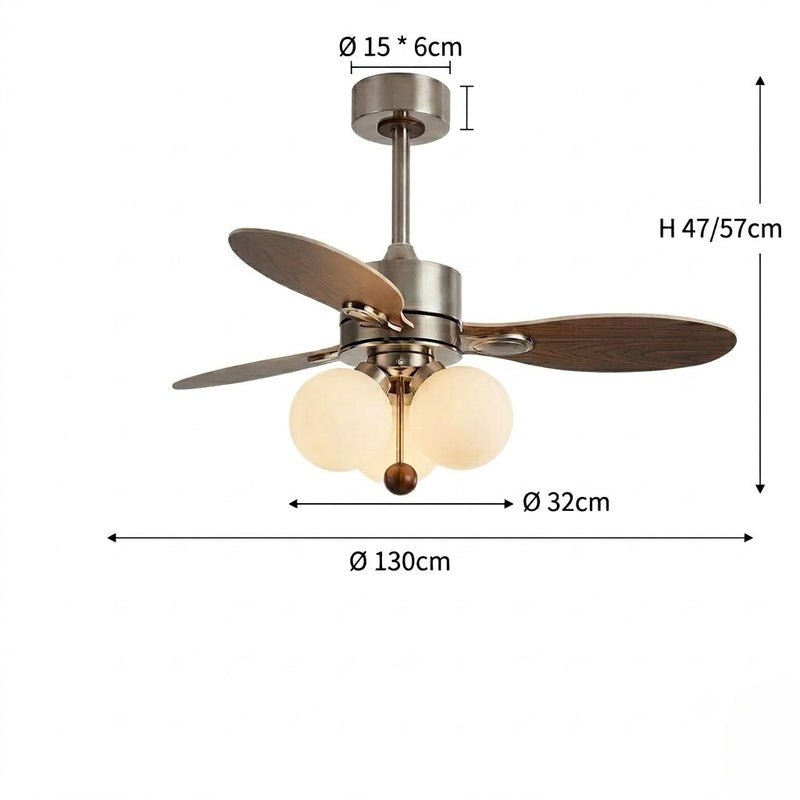 Mid-Century Walnut Ceiling Fan with Globe Lights for Living Room