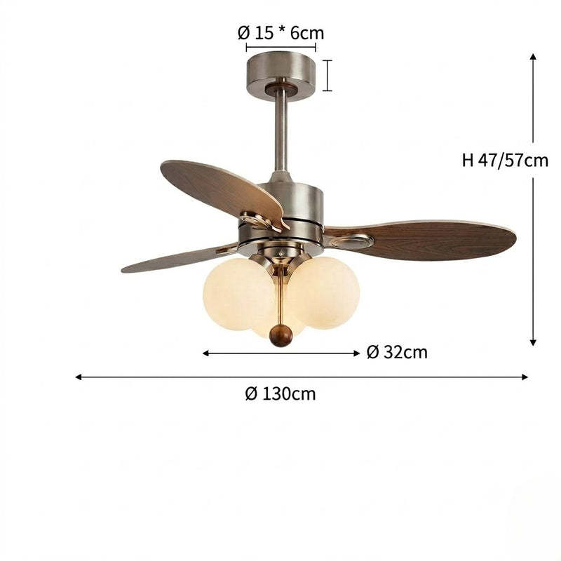 Mid-Century Walnut Ceiling Fan with Globe Lights for Living Room