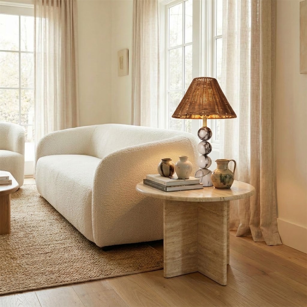 Organic Modern Rattan Table Lamp with Marble-Effect Base for Living Room