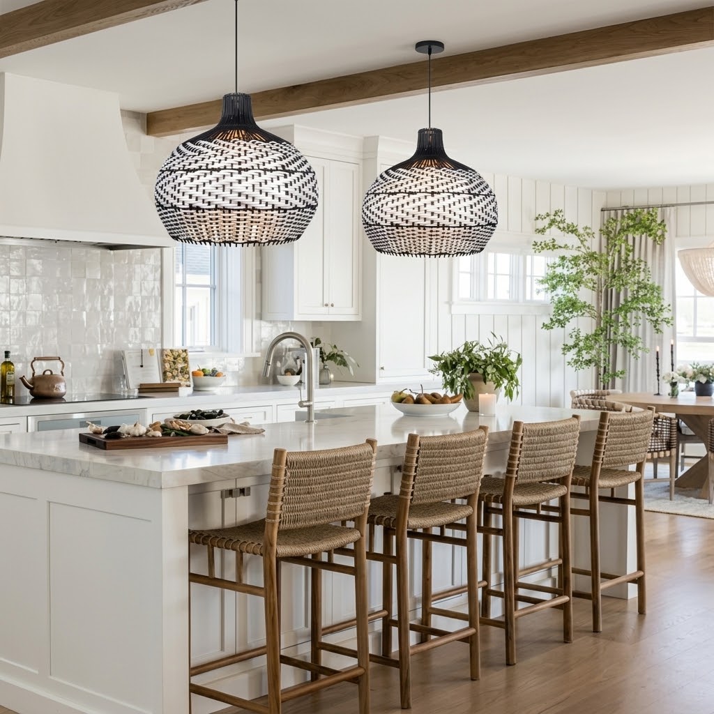 Black & White Woven Rattan Pendant Light – Boho Dome Lighting for Kitchen & Dining