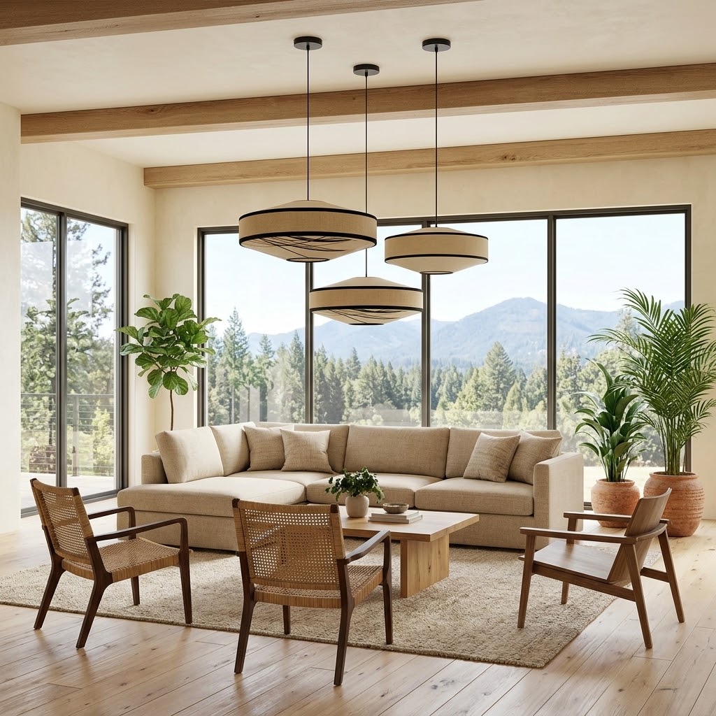 Japandi Fabric Drum Pendant Light Modern Linen Chandelier