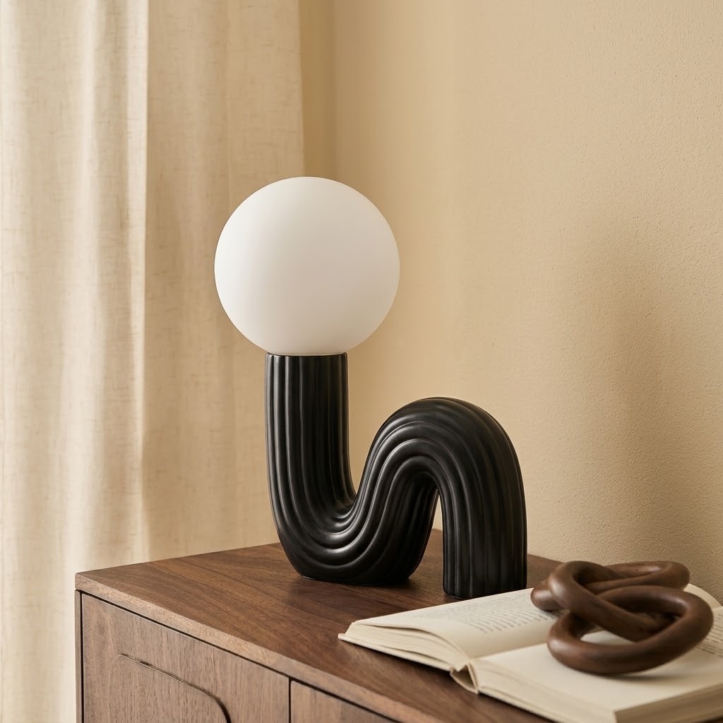 Sculptural Wave Resin Table Lamp with Glass Globe Shade