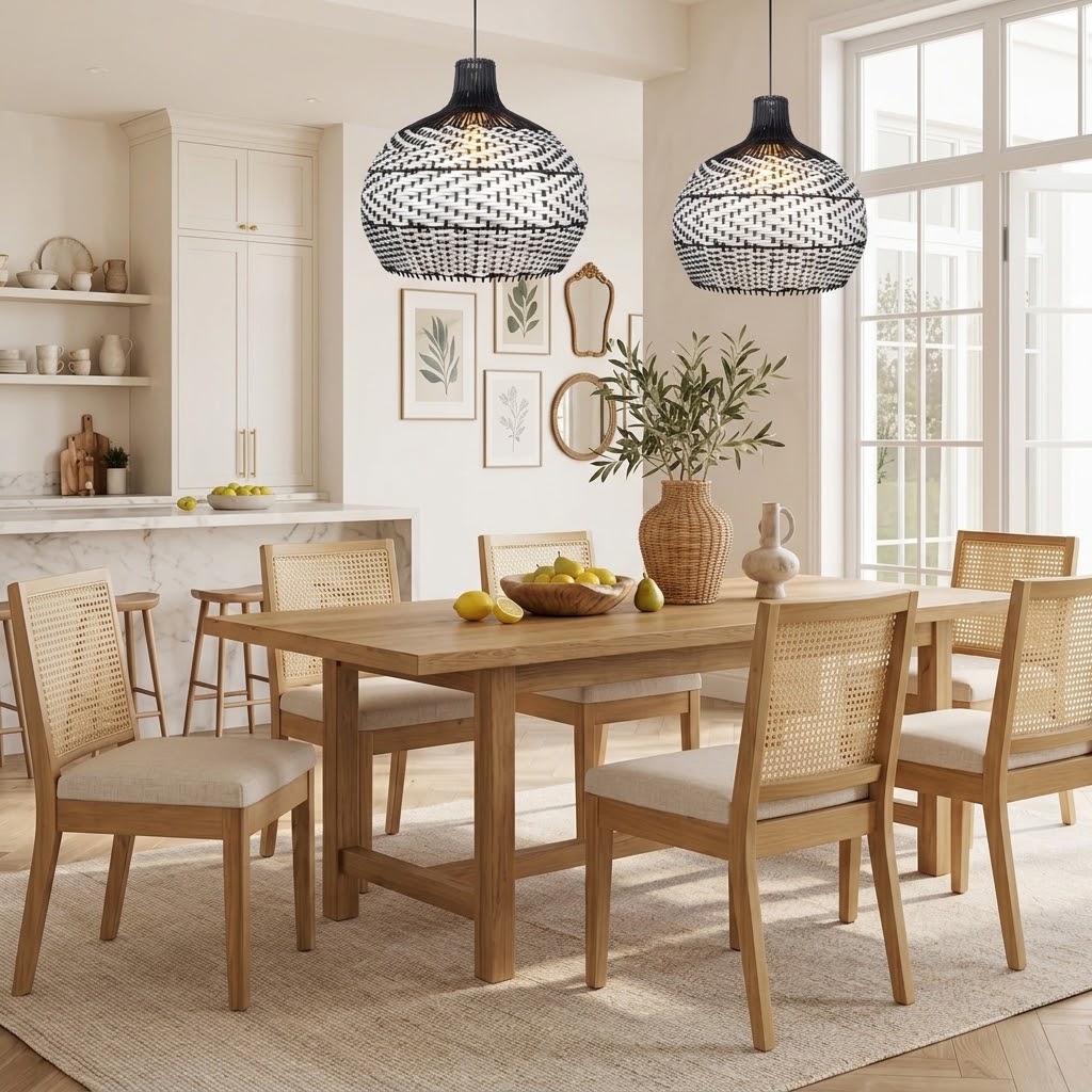 Black & White Woven Rattan Pendant Light – Boho Dome Lighting for Kitchen & Dining