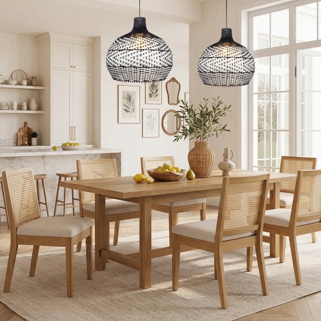 Black & White Woven Rattan Pendant Light – Boho Dome Lighting for Kitchen & Dining
