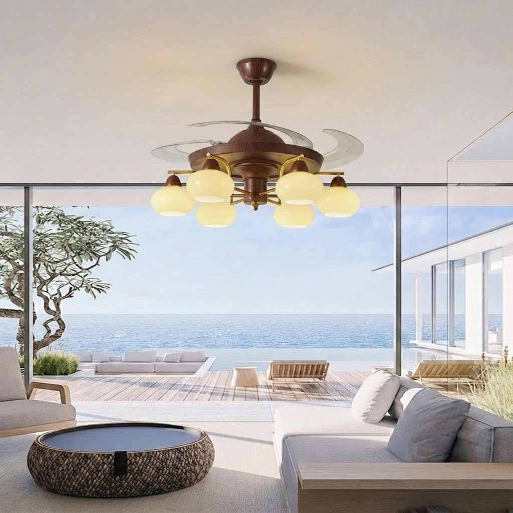 Mid-Century Walnut Retractable Ceiling Fan with Lights for Living Room