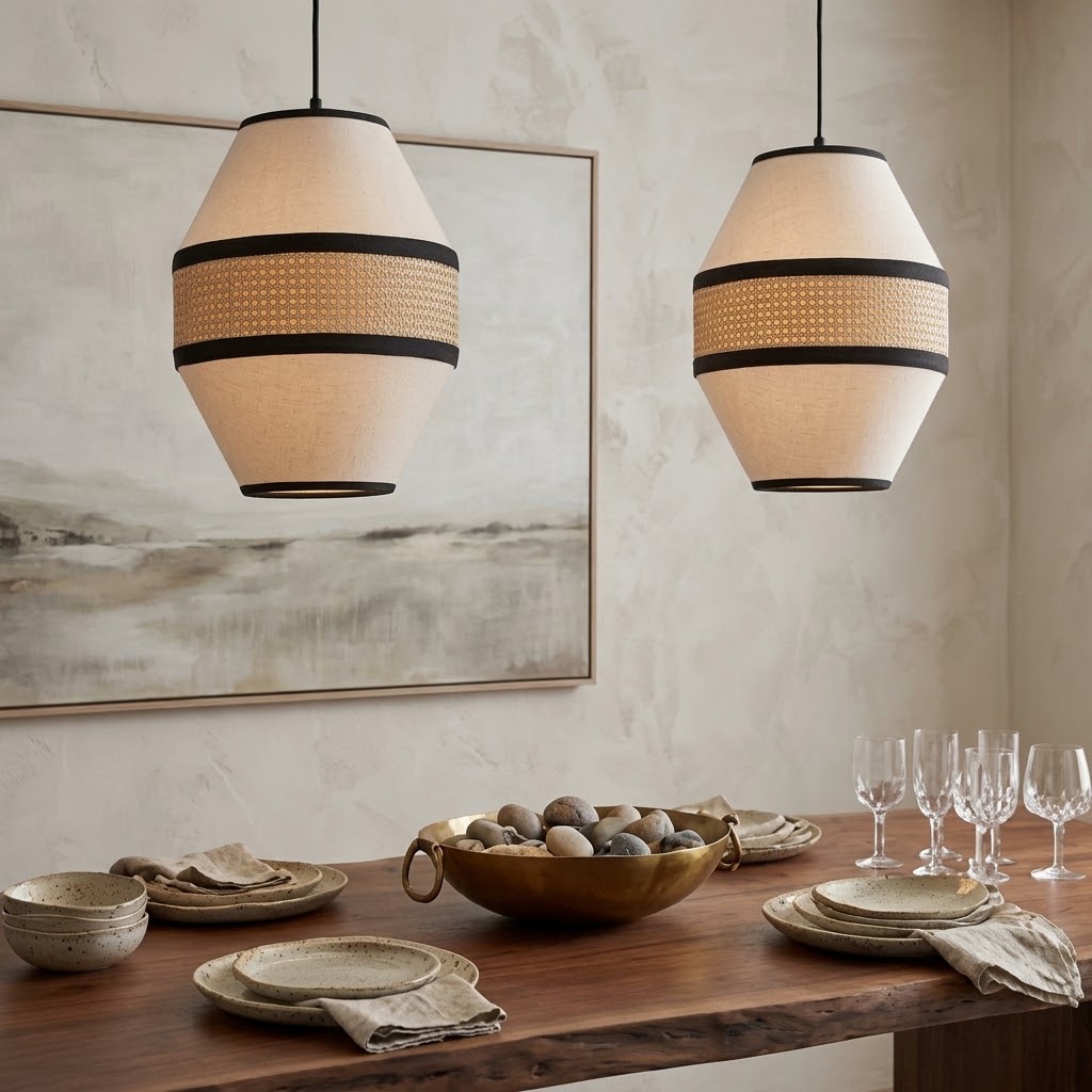 Japandi Linen Pendant Light - Modern Woven Rattan Drum Chandelier