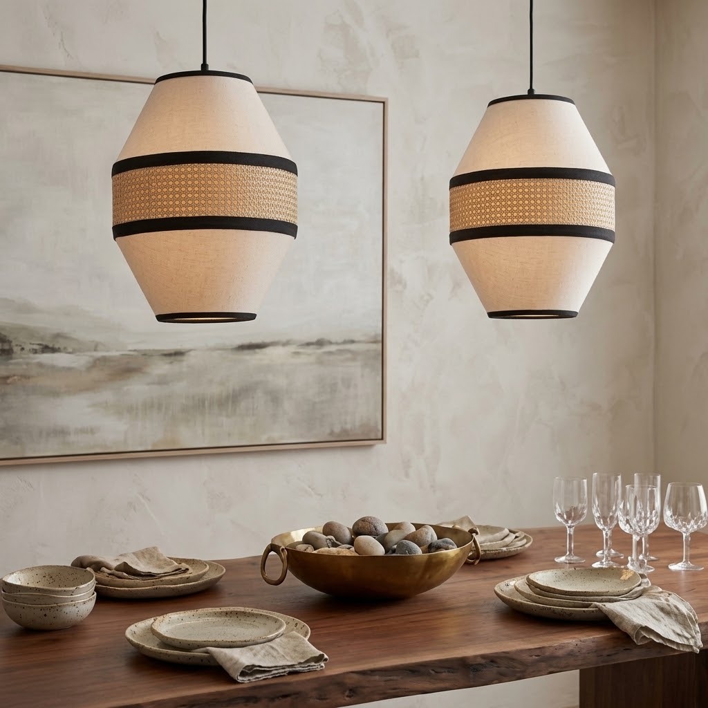 Japandi Linen Pendant Light - Modern Woven Rattan Drum Chandelier