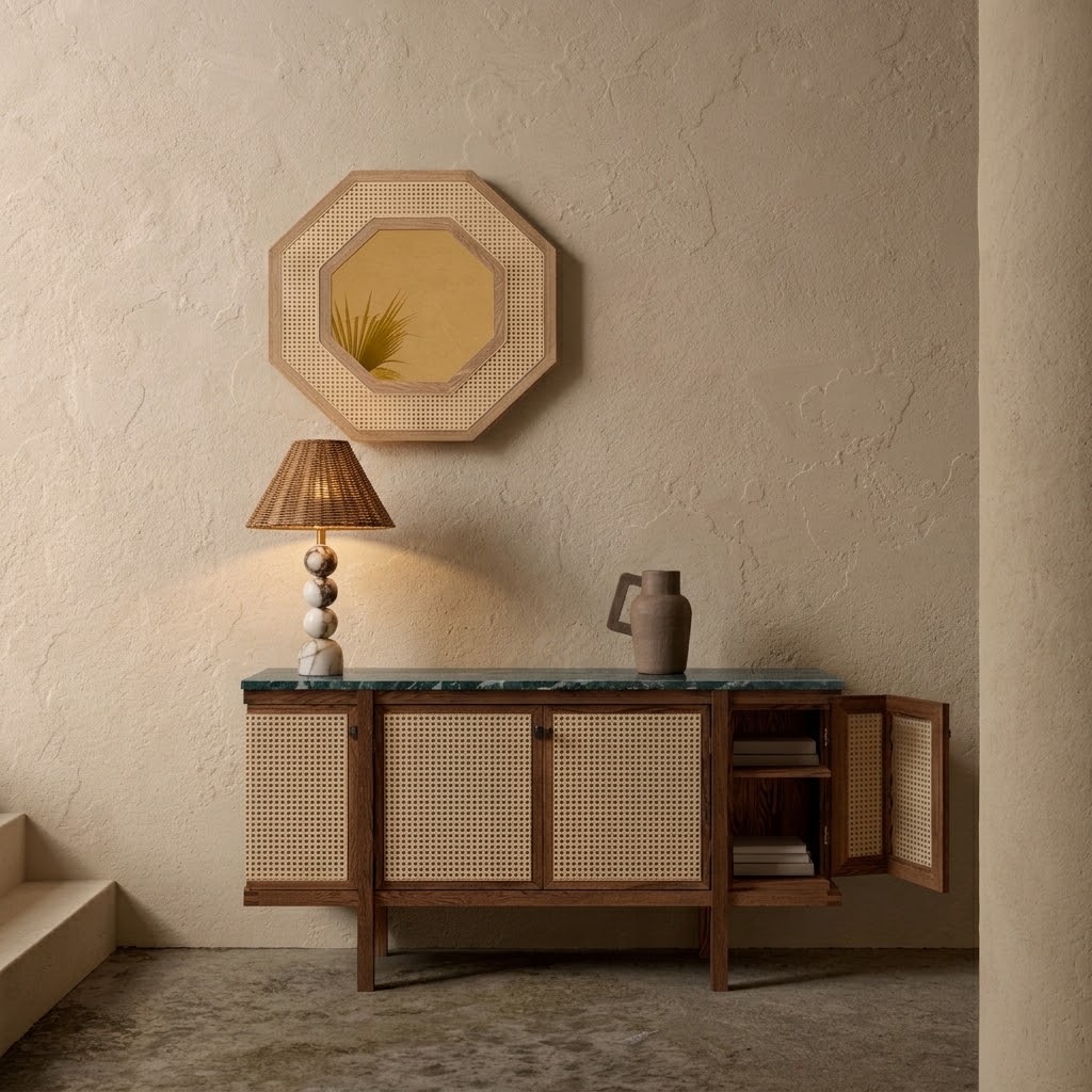 Organic Modern Rattan Table Lamp with Marble-Effect Base for Living Room