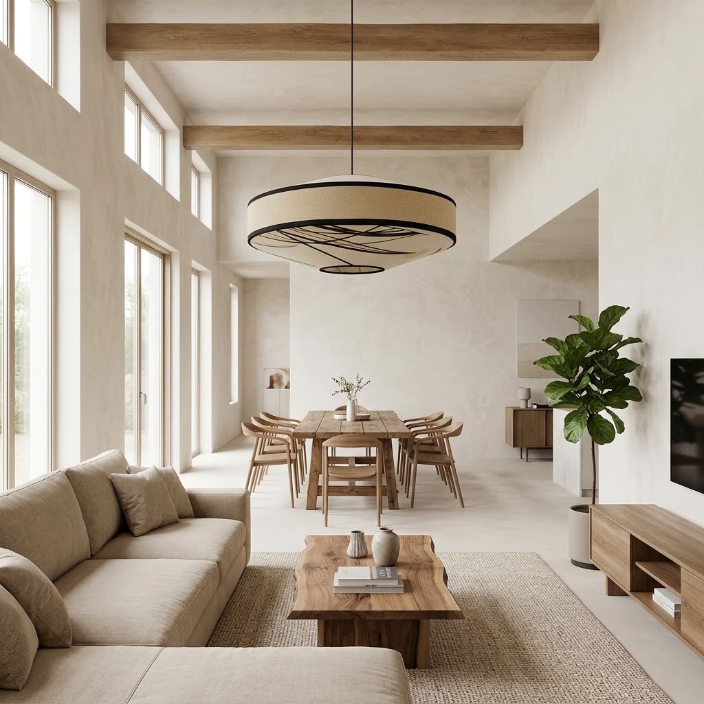 Japandi Fabric Drum Pendant Light Modern Linen Chandelier
