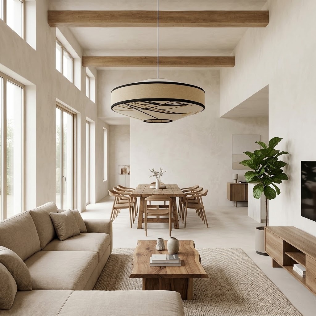 Japandi Fabric Drum Pendant Light Modern Linen Chandelier
