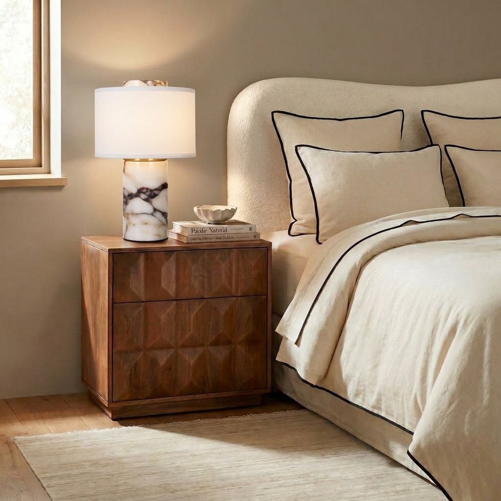 Modern Stone Base Table Lamp with White Fabric Shade for Bedroom