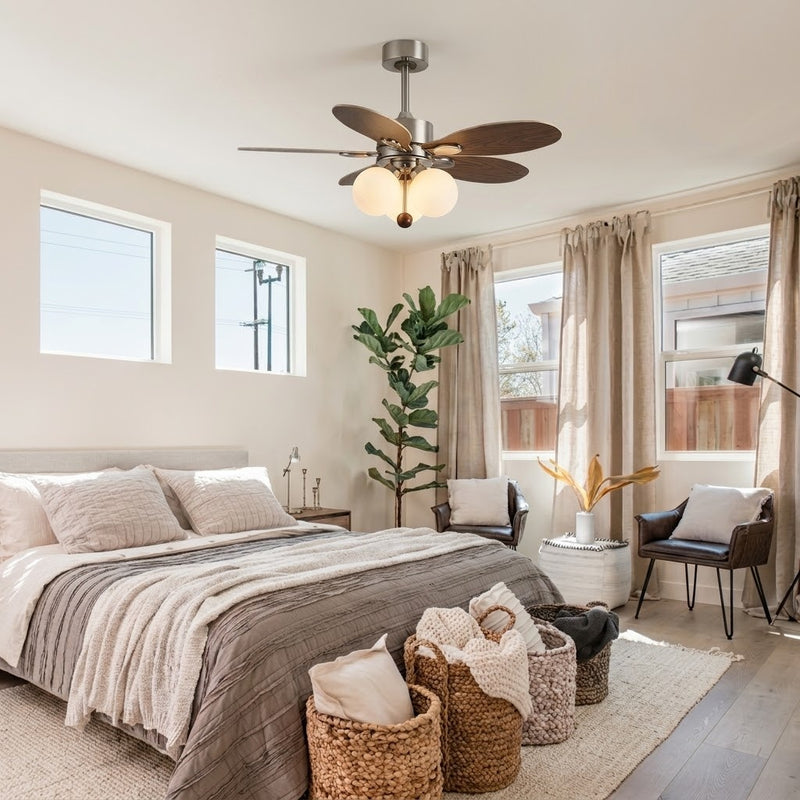 Mid-Century Walnut Ceiling Fan with Globe Lights for Living Room