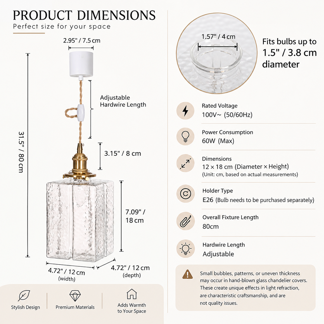 Modern Handblown Glass Pendant Light - Vintage Brass Square Hanging Lamp