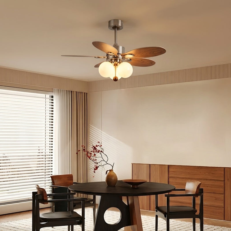 Mid-Century Walnut Ceiling Fan with Globe Lights for Living Room