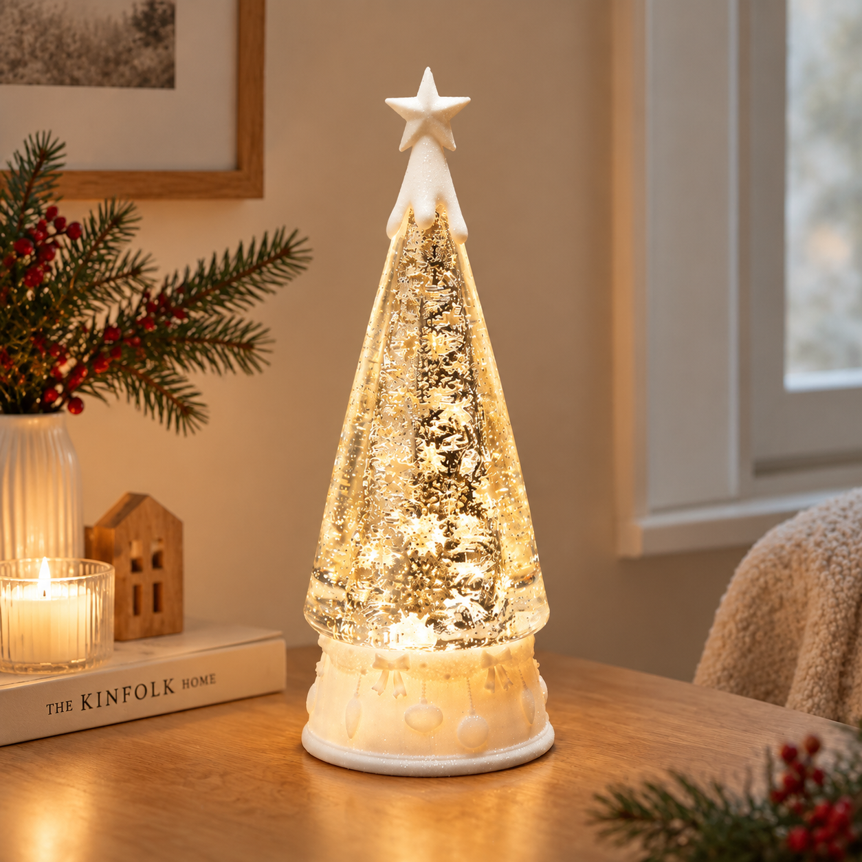 Crystal Christmas Tree Lamp with Rotating Design, Snowflake Effect & Star Topper