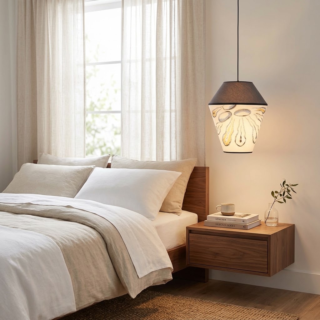 Modern Organic Two-Tone Fabric Pendant Light – Printed & Solid Shade