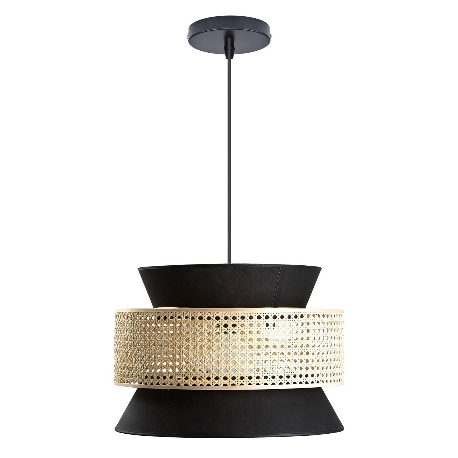 Modern Boho Black Fabric and Rattan Tiered Pendant Light for Dining Room