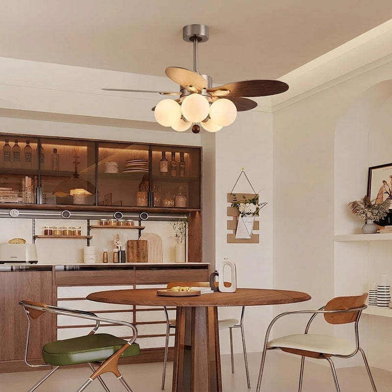 Mid-Century Walnut Ceiling Fan with Globe Lights for Living Room