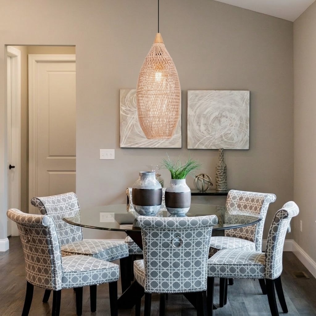 Wicker Rattan Pendant Light, Teardrop Hanging Light for Dining Room & Living Room
