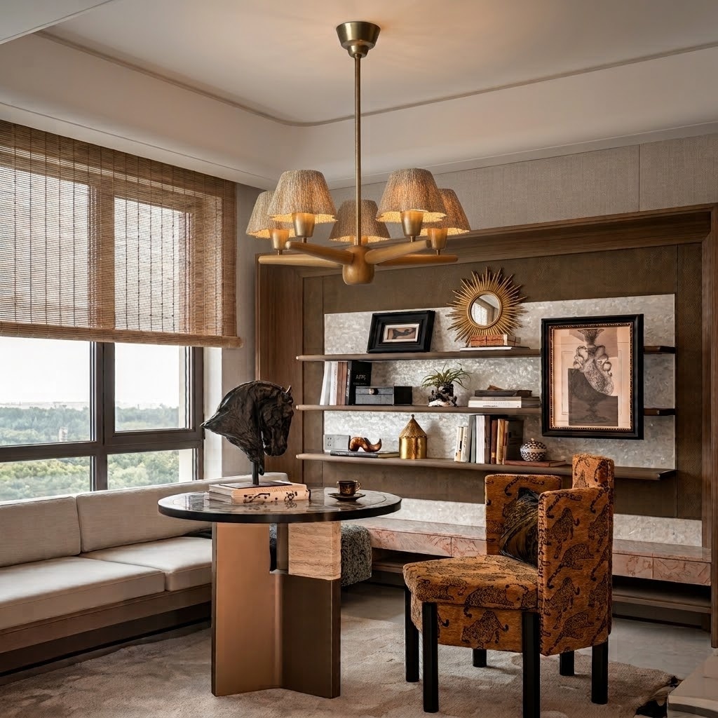 Mid-Century Solid Wood Fabric Chandelier for Dining Room & Bedroom