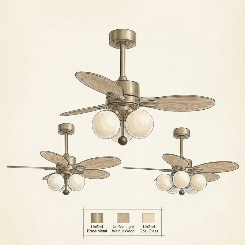 Mid-Century Walnut Ceiling Fan with Globe Lights for Living Room