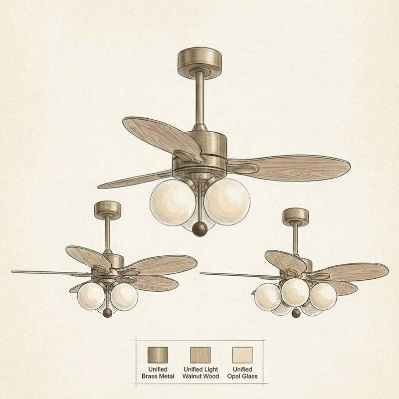 Mid-Century Walnut Ceiling Fan with Globe Lights for Living Room