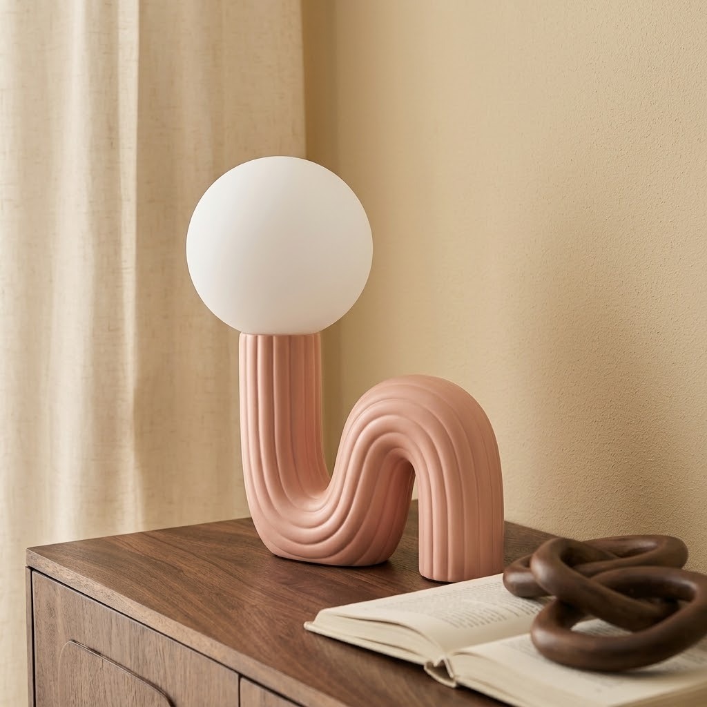 Sculptural Wave Resin Table Lamp with Glass Globe Shade
