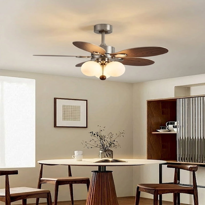 Mid-Century Walnut Ceiling Fan with Globe Lights for Living Room