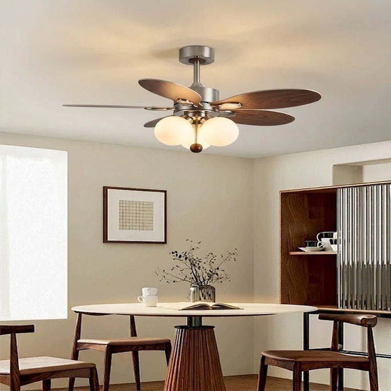 Mid-Century Walnut Ceiling Fan with Globe Lights for Living Room