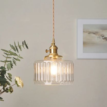 Retro Short Cylinder Wavy Glass Pendant Light