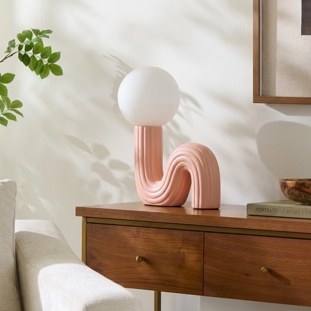 Sculptural Wave Resin Table Lamp with Glass Globe Shade