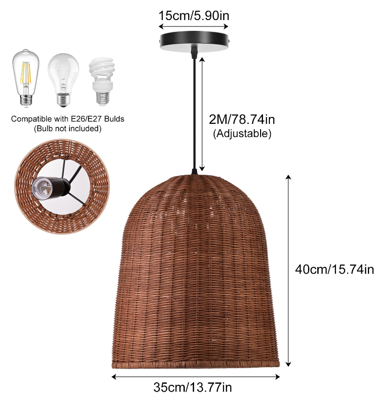 Handcrafted Brown Rattan Dome Pendant Light for Kitchen Island