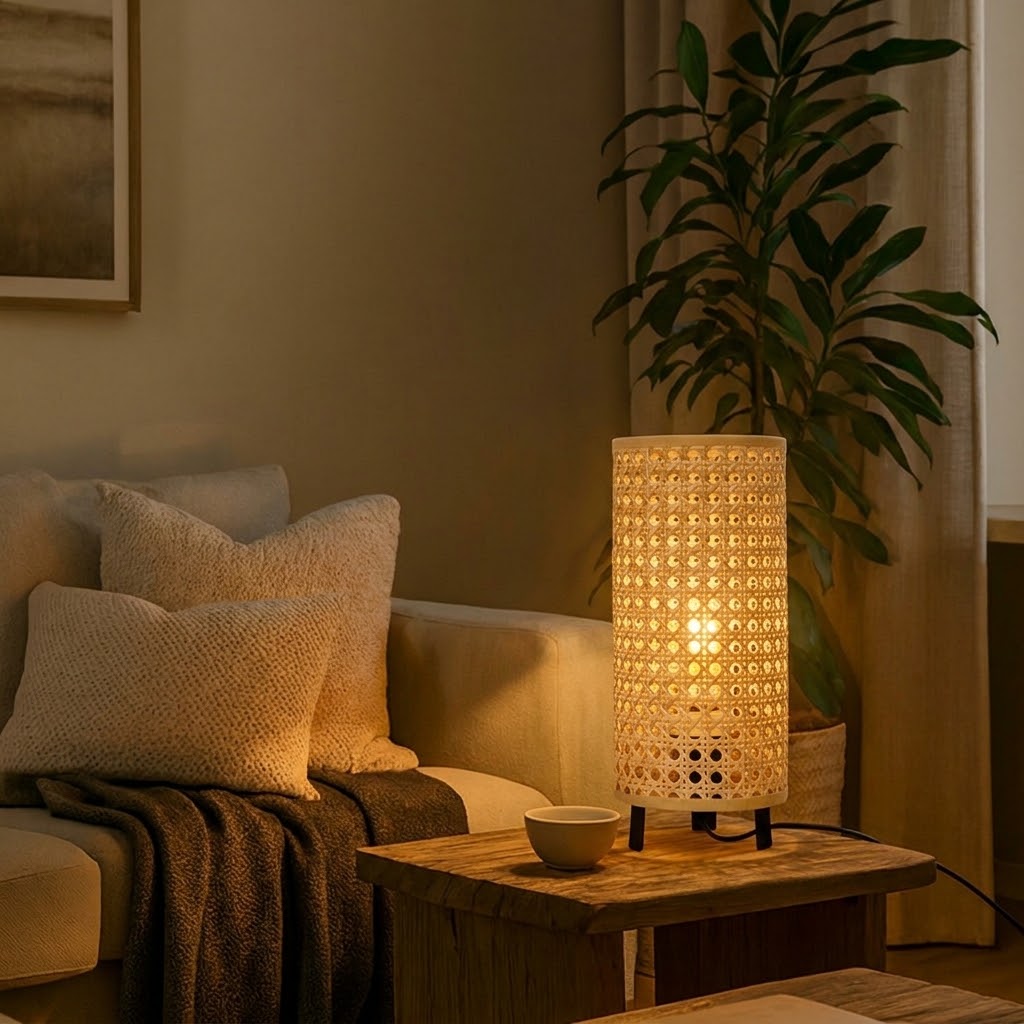 Woven Rattan Table Lamp with Black Metal Base for Bedroom and Living Room