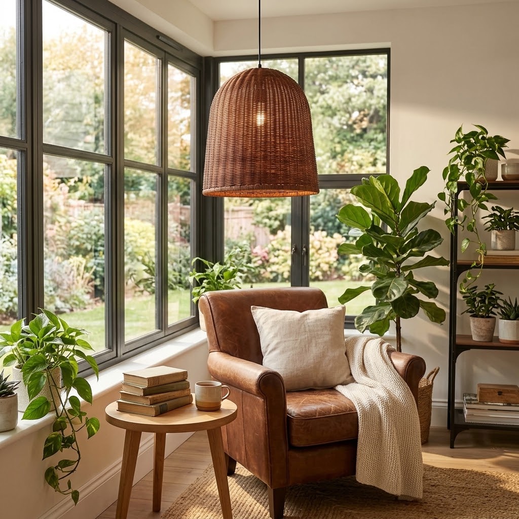 Handcrafted Brown Rattan Dome Pendant Light for Kitchen Island