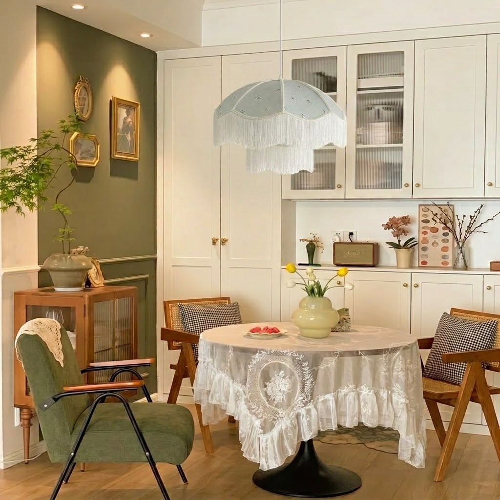 Vintage Floral Fabric Pendant Light with Layered Fringe